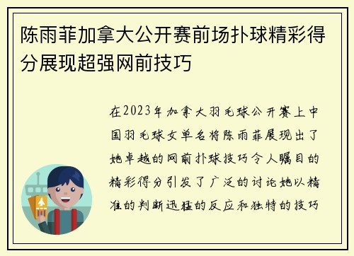 陈雨菲加拿大公开赛前场扑球精彩得分展现超强网前技巧